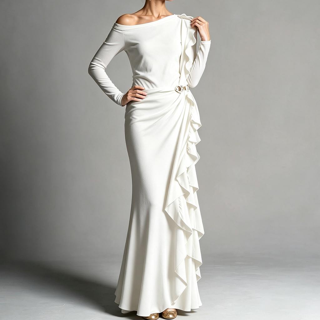 Women's One-Shoulder Ruffle Evening Dress Long Color Formal Gown with Waist-Cinching Design