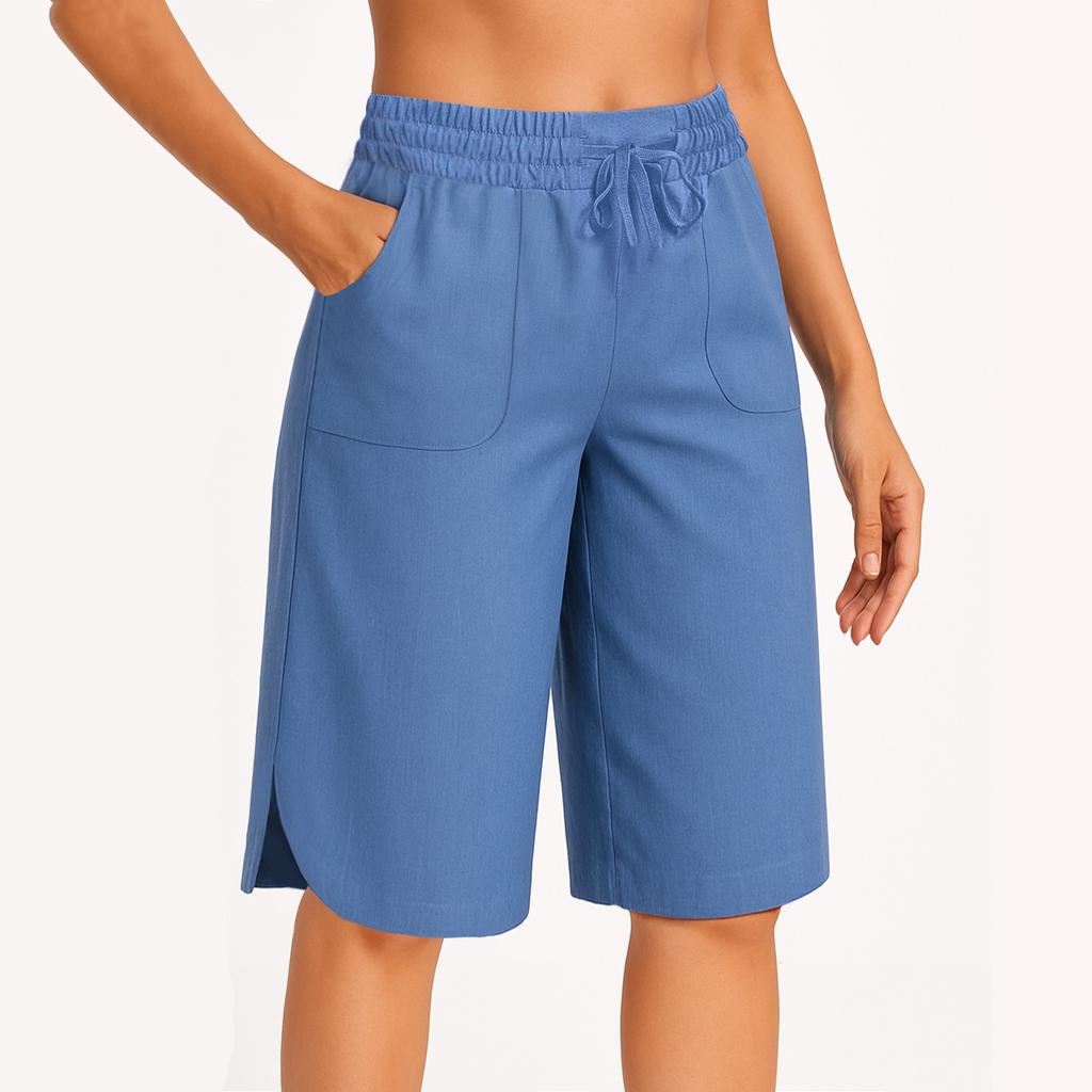 Damen Einfarbige Baumwolle und Leinen Freizeitshorts mit Taschen Lockere Hosen