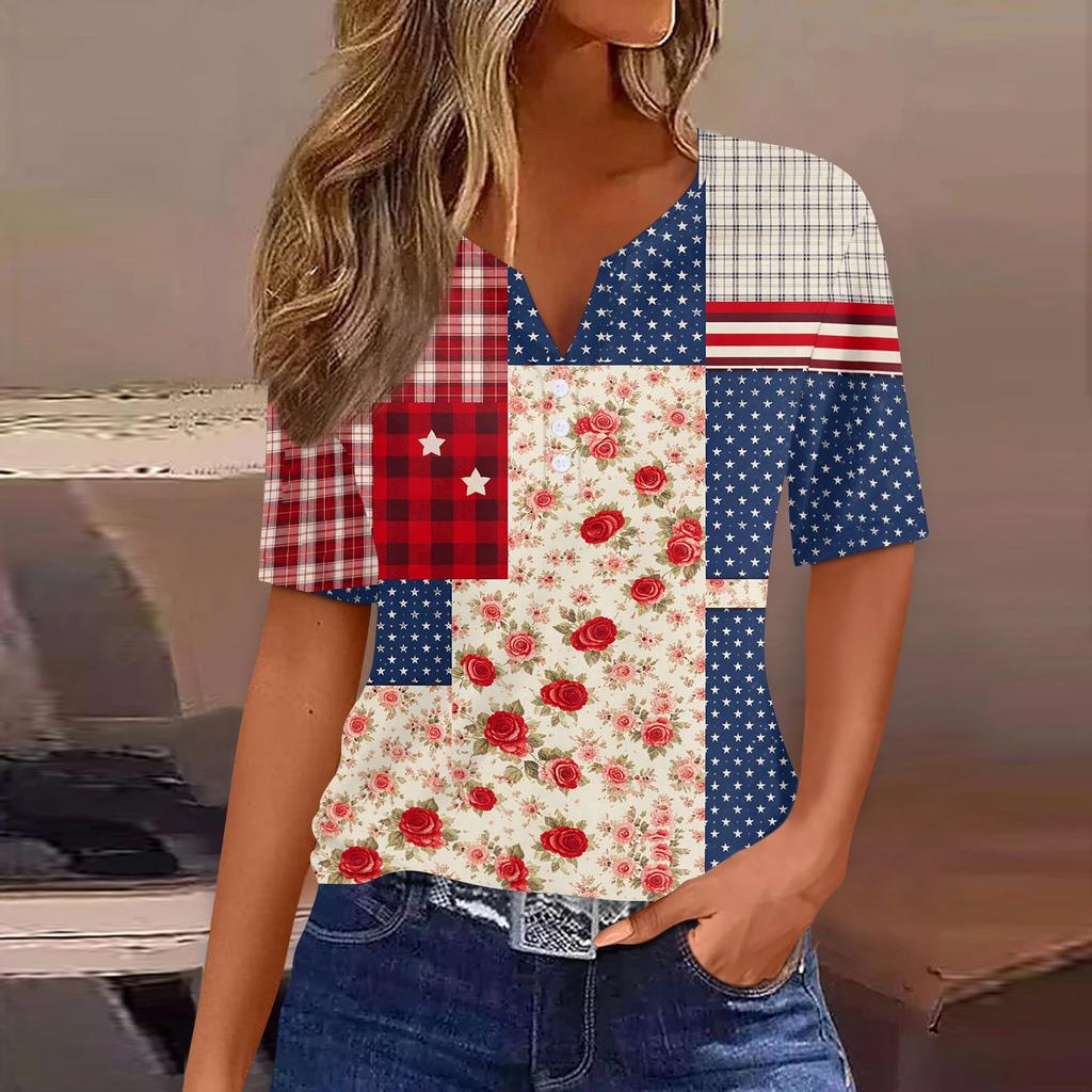 Women's Fashion Casual Independence Day Print V-Neck Short Sleeve Button-Up T-Shirt Top