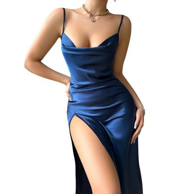 Sexy High Slit Temptation Ice Silk Long Pajamas Simple Women's Home Wear Backless Halter Nightgowns