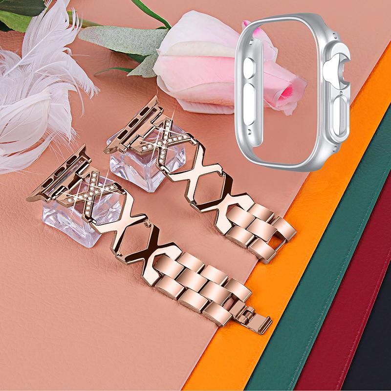 

For Apple Watch Ultra 49mm X-shaped Stainless Steel Watch Band Rhinestone Decor Replacement Strap with Silver PC Watch Cover Frame Gold