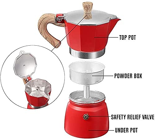 150ml Aluminum Moka Pot, 3-Cup Italian-Style Espresso Maker, Stovetop Coffee Maker (Color: Yellow, Size: 15.5x14.8cm) (Red 15.5x14.8cm)