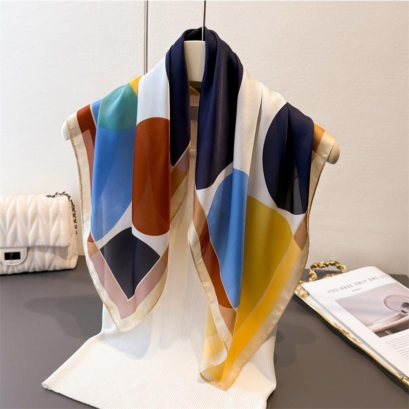 68cm Colorful Round Printed Scarf Women's New Spring and Autumn Imitation Silk Square Scarf High-quality Shawl Headscarf