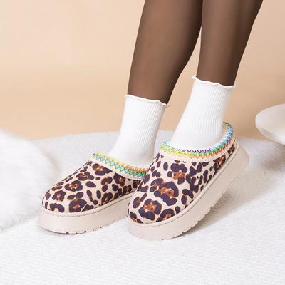 Botas de Nieve de Fondo Grueso con Estampado de Leopardo Beige para Mujer Cálidas Espesar Algodón Felpa Mujer Invierno 2024 Plataforma Líneas Coloridas Zapatillas