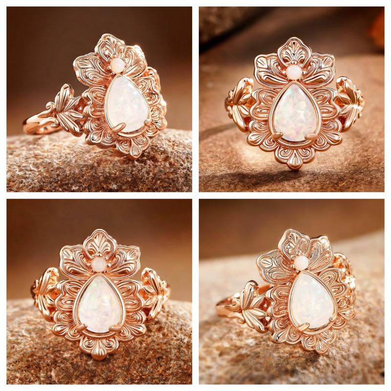 New Trendy Design Water Drop Auspicious Flower Palace Style Ring New Women'S Elegant Banquet Jewelry