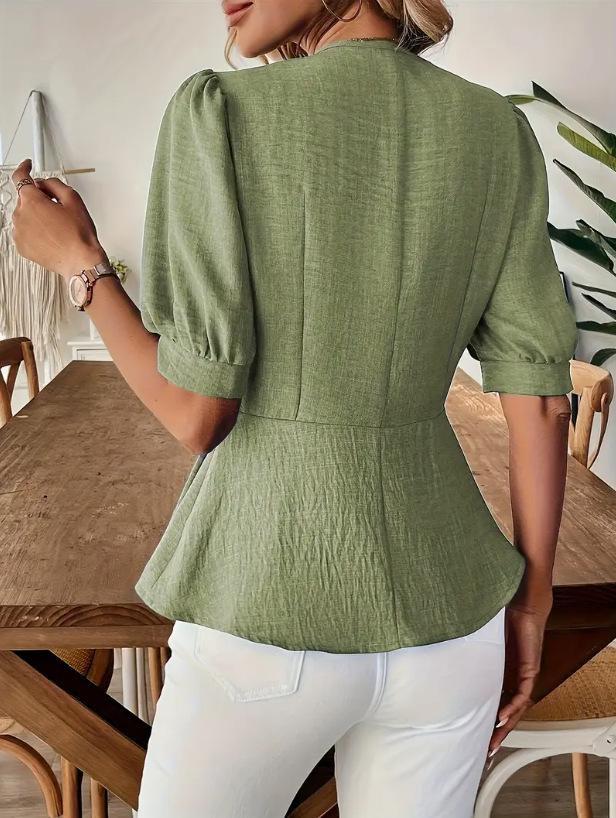 Europäisch-Amerikanisches Damen Sommer V-Ausschnitt Puffärmel Slim Fit Top