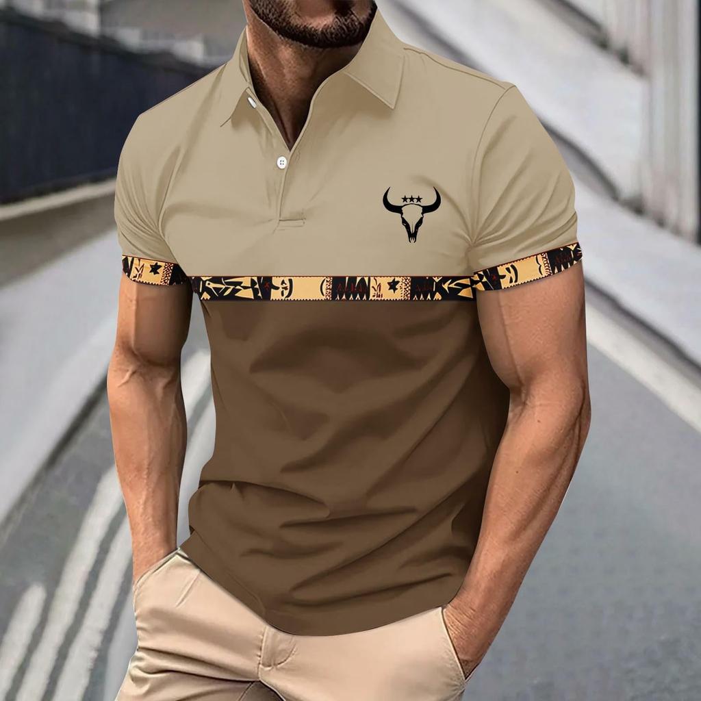 Men's Western Bull Print Shirts Color Block Collared Short Sleeve Shirt Casual Summer Tops For Golf & Daily Wear
