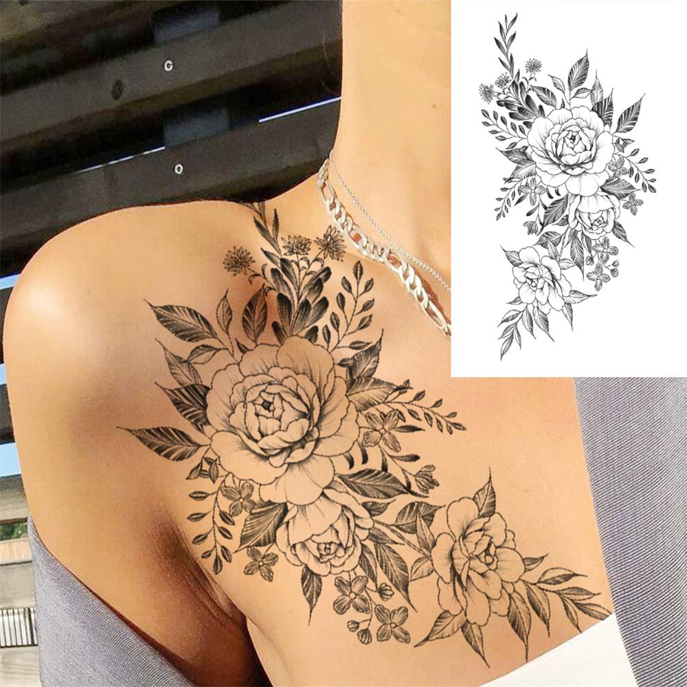 Realistische Nep Pioenroos Tijdelijke Tatoeages Voor Vrouwen Meisje Zwarte Roos Olifant Bloemen Tatoeage Sticker Tijger Anemoon Tatoeages Halfmouw