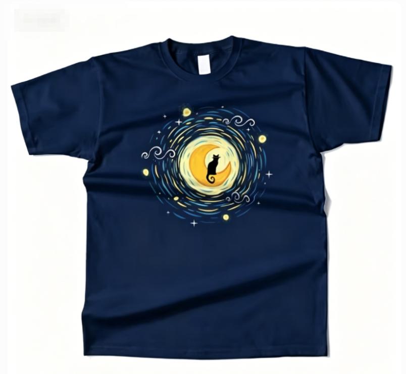 Unisexs Cotton Starry Moon Cat Graphic High Quality T Shirt Street Casual Style Tee for Unisex and WoUnisex Moisture Wicking Breathable