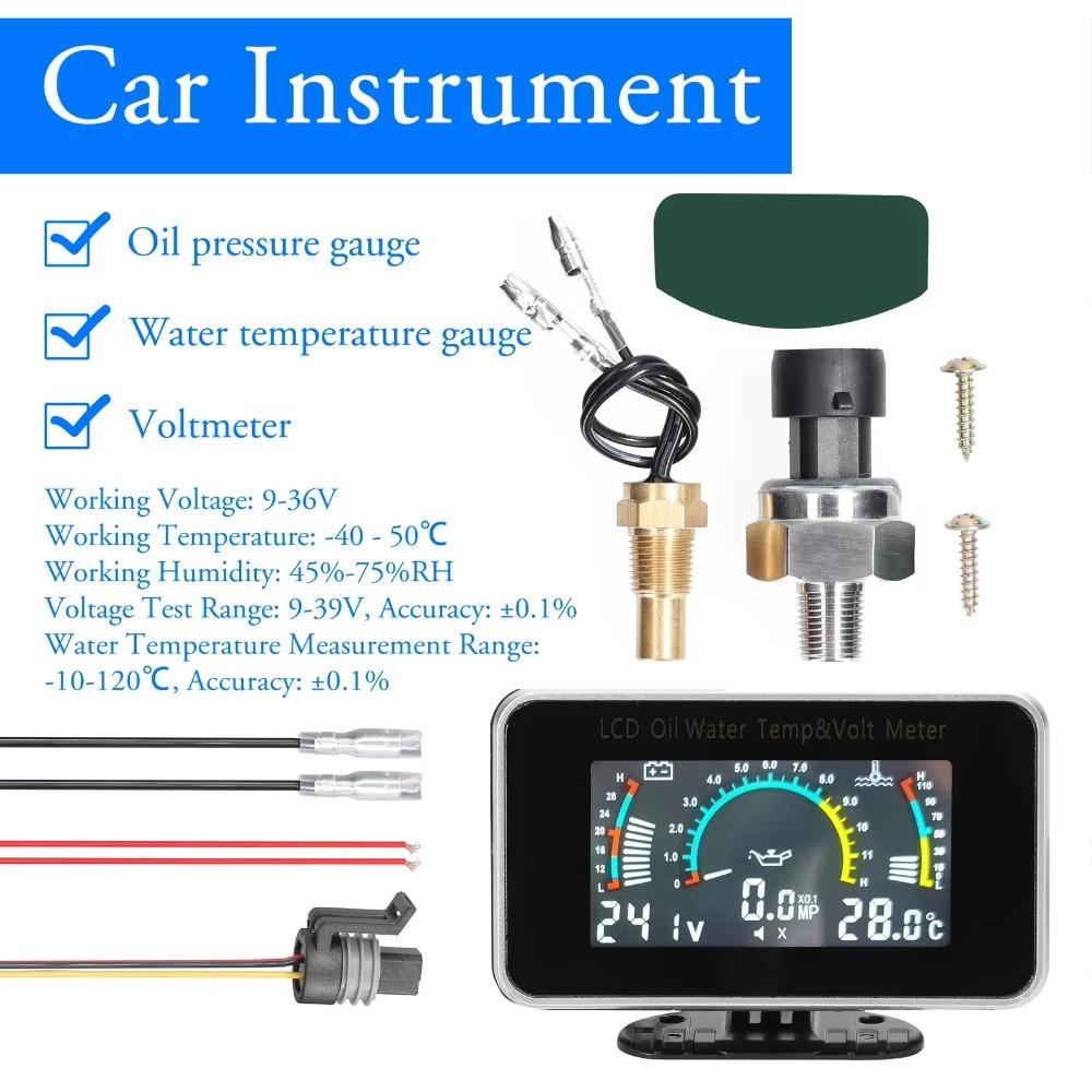 3-in-1 Auto Car LCD Meter Digital Oil Pressure Voltage Water Temperature Gauge Universal Instrument 9-36V for Car/Truck/SUV/RV