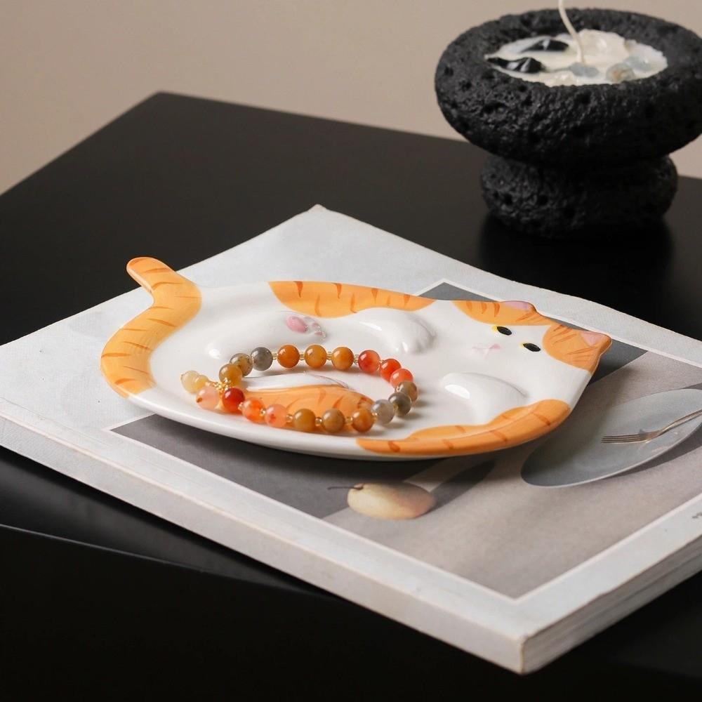 Ceramic Ginger Cat Plate Creative Bread Dessert Plate Calico Cat Kitty Jewelry Tray Kitchen