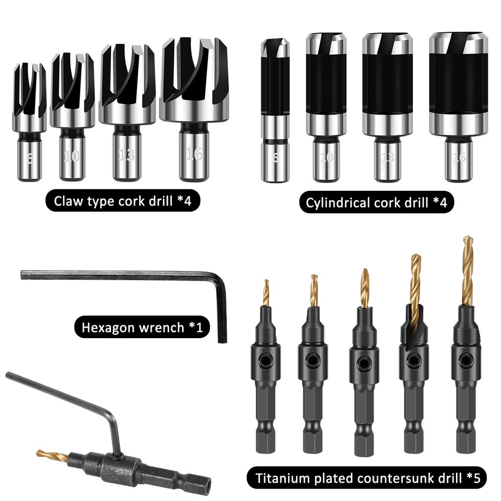 8PCS Wood Dowel Drill Bits Carbon Steel Wood Plug Cutter Countersink Drill Type Round Wood Tenon Drill Bits Round Shank