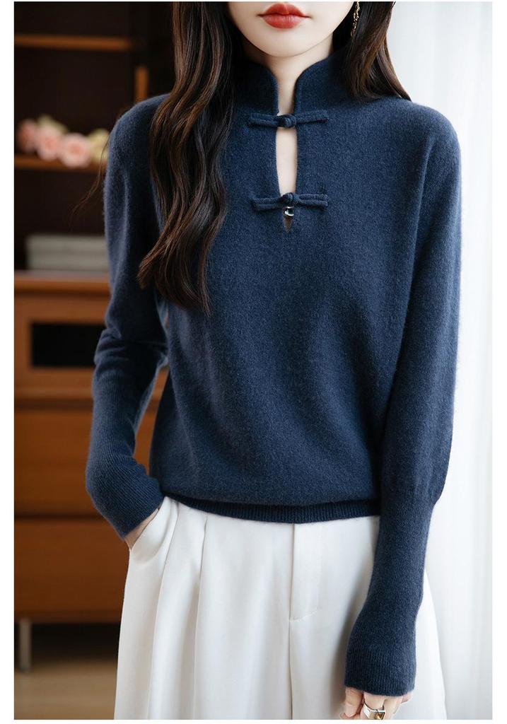 New Chinese Style Women's Thick Wool Sweater - Frog Button, Stand Collar, Loose Fit, Autumn Winter Warm Knit