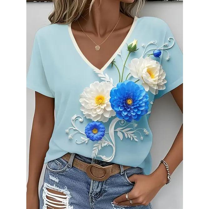 Summer V-neck 3D Flower Themed Pattern Printed Top Fashionable Casual Short Sleeved Women's T-shirts