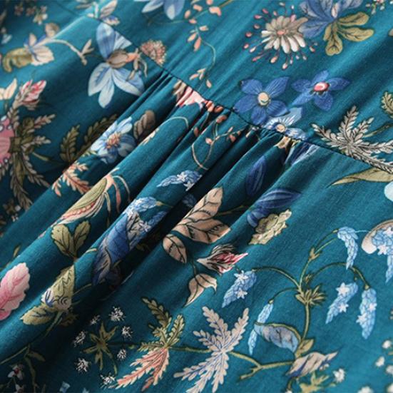 Women's Vintage Style Flower Print V Neck Long Sleeve Cotton Shirt Blouse Top