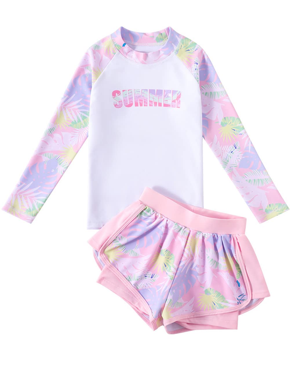 

AILAYRI Kids Swimsuit, Girls Two-Piece Rash Guard Set, Long Sleeves and Shorts, UV Protection, Quick-Drying, for Pool Use (2XL, Pink)