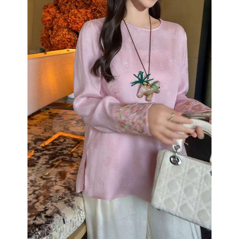 New Chinese Style Women s Acetate Jacquard Top with Embroidered Cuffs XL розовый