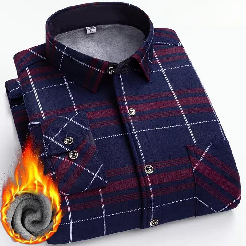 Camicia a maniche lunghe a quadri da uomo con pile ispessito, casual, business, elastica, non stirabile, calda, per gli anziani