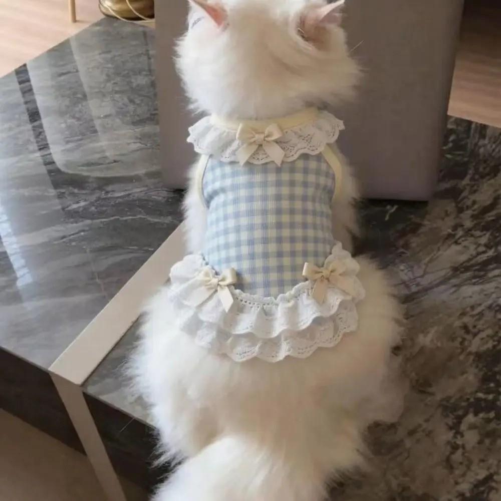 Breathable Pet Dog Vest Bow Lace Design Cat Checkered Clothes Pet Lace Skirt  Daily Wear