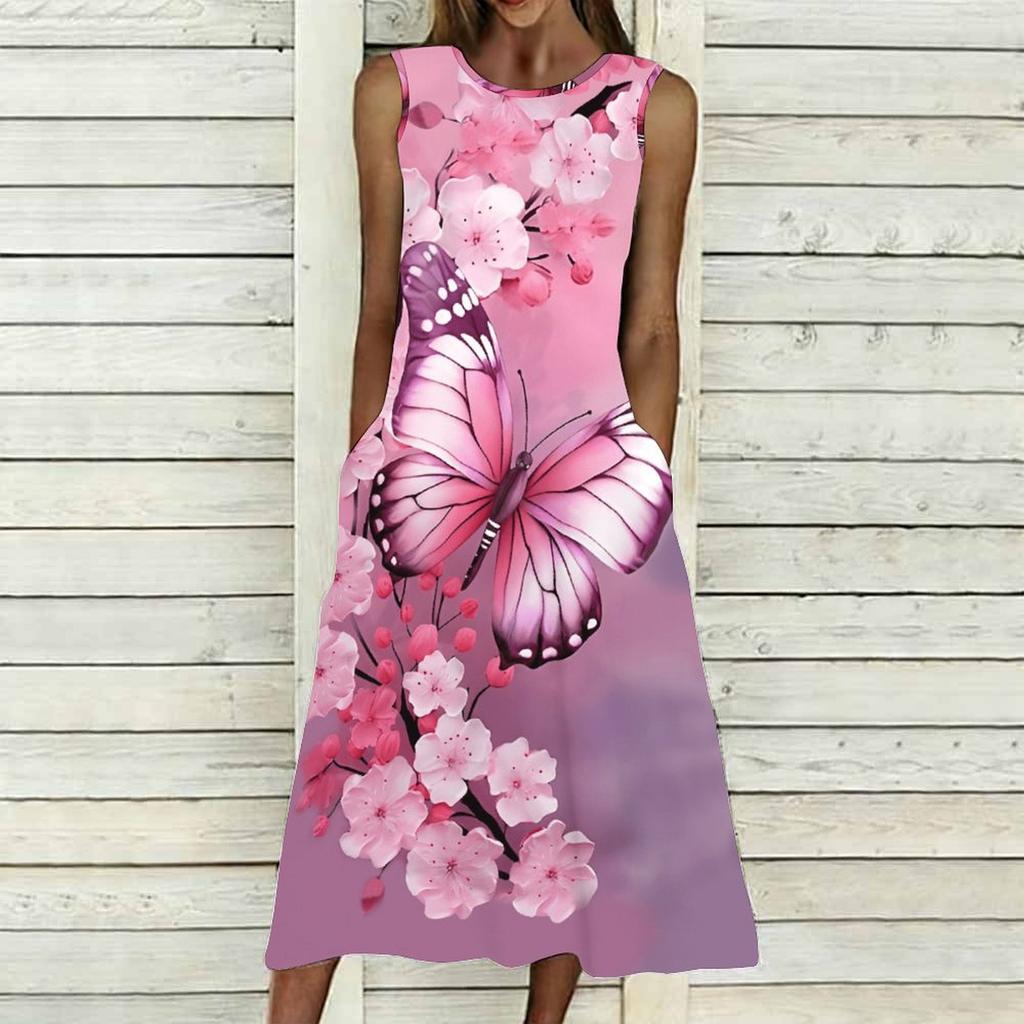 Women Plus Size Sleeveless Round Neck Dress Graceful Climbing Floral Vines Flowy Mid Calf Gown