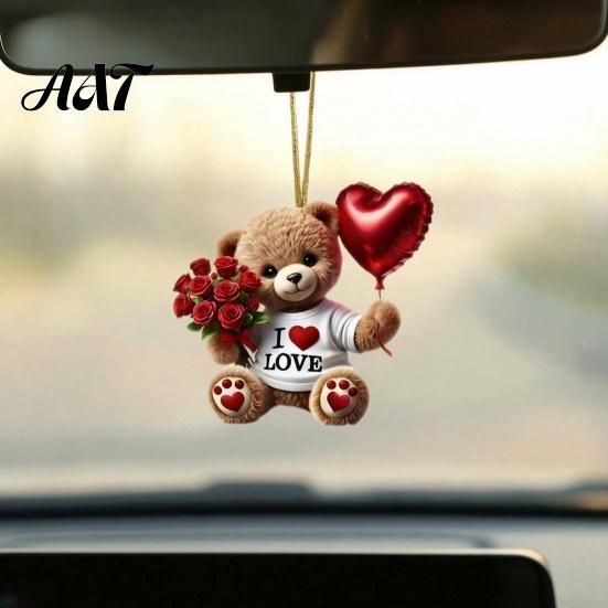 Heart Balloon Hanging Decoration Teddy Bear Ornament, Holding Red Rose Bouquet Decoration, Ornament Car Rearview Mirror 2D Flat Acrylic