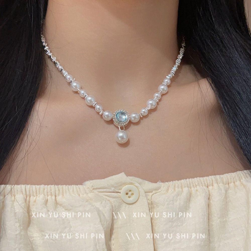 Exquisite Aquamarine Pendant Pearl Necklace Luxury Women Jewelry Pearl Strand Necklace  Gifts