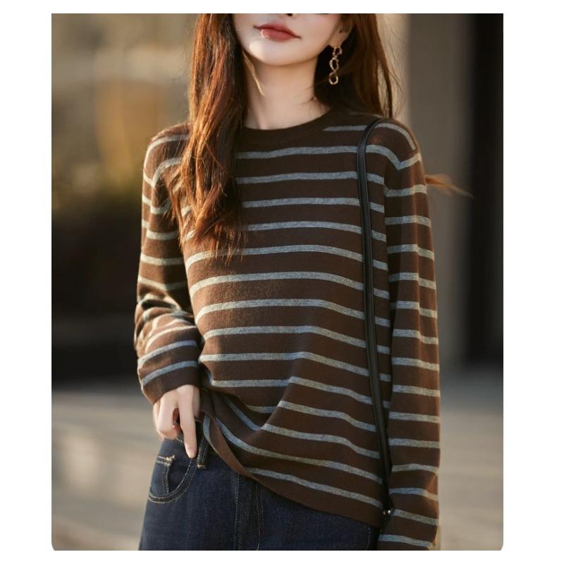Damen S Gestreifter Rundhals Langarm Pullover Strickpullover Fauler Stil Enganliegend Basis Oberteil