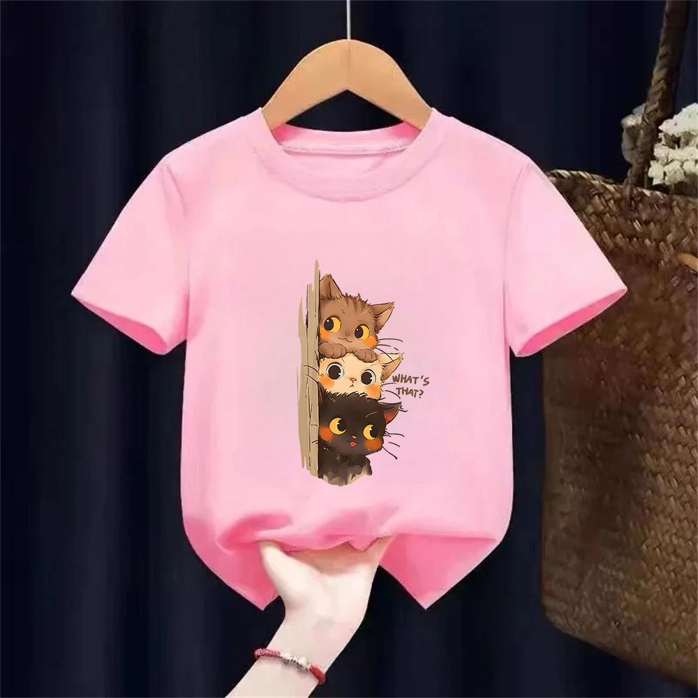 Three Little Cats Are Secretly Watching You Print Kids Tshirt for Boys Girls Tee Clothes Casual Pure Short Sleeved Cartoon Top
