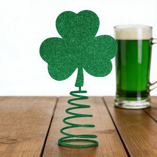 St. Topper de Árvore de Trevo de São Patrício com Base de Primavera Glitter Trevo Irlandês Miniatura Decoração de Topo de Árvore de Natal Ornamento para Festa de Feriado