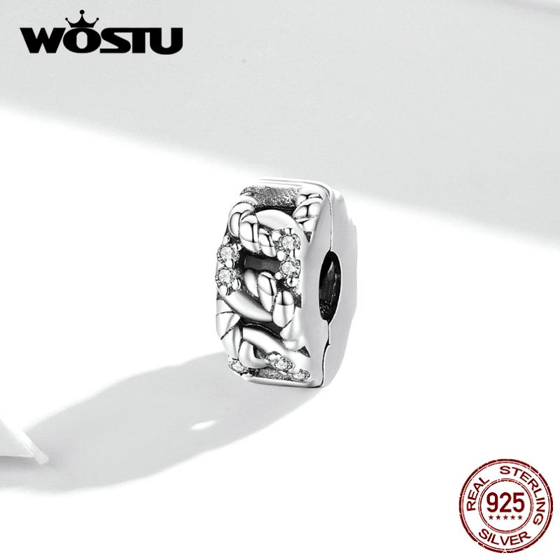 WOSTU Shiny Rhinestone Retro Pattern 925 Sterling Silver Chain Clip Beads Fit Original Bracelet Bangle DIY Fine Jewelry