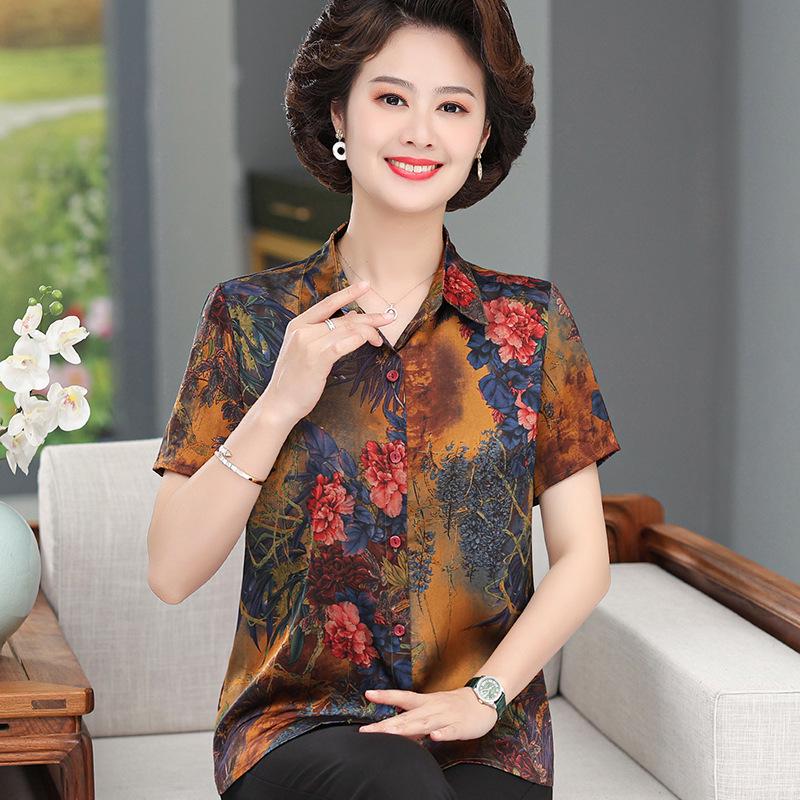 Damen Sommer-Seidenhemd mit Kurzarm und Aufdruck - Elegantes Maulbeerseiden-Oberteil für Mütter mittleren und höheren Alters