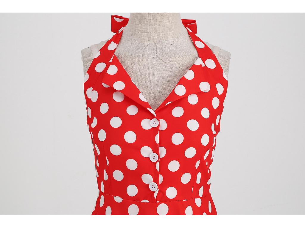 1950er Vintage Polka Dot Neckholder Rückenfreies Swing-Kleid mit Hepburn-Kragen