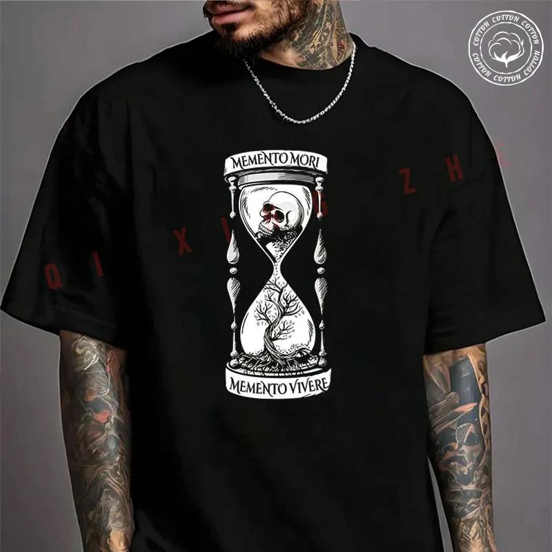 Latin Memento Mori Gothic & Skull Design Motorcycle Cotton T-shirt Summer Casual Short Sleeved