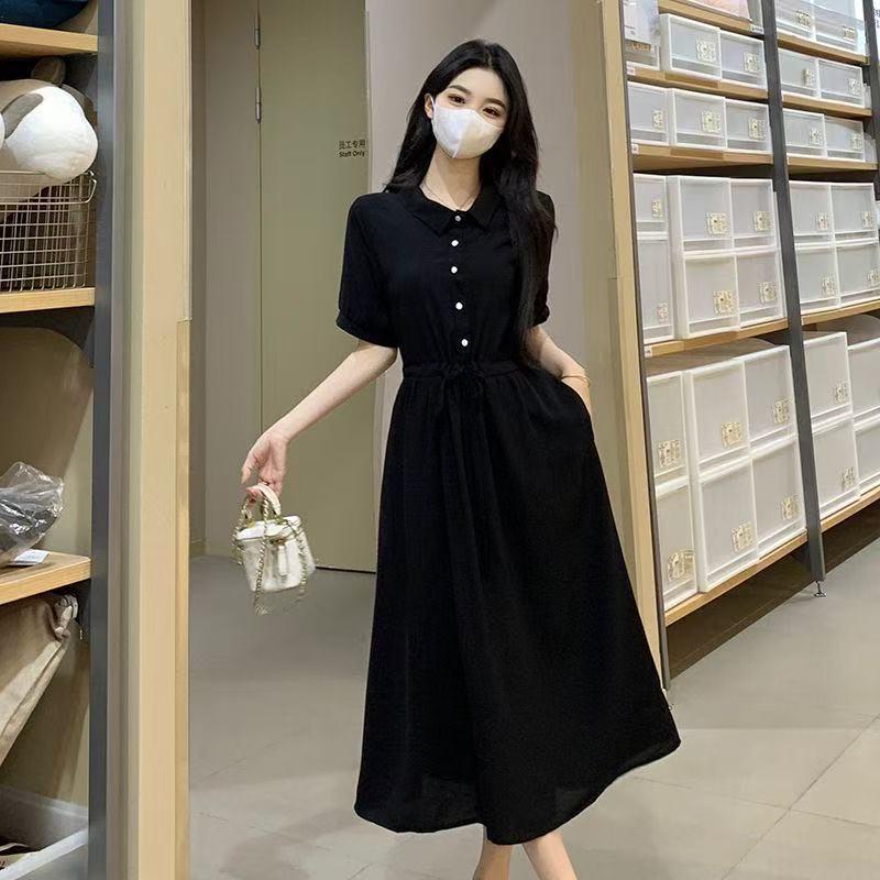 

French Black Summer 2026 Hepburn-Inspired Slim Fit Chiffon Long Dress Skirt M (85-100 lbs)