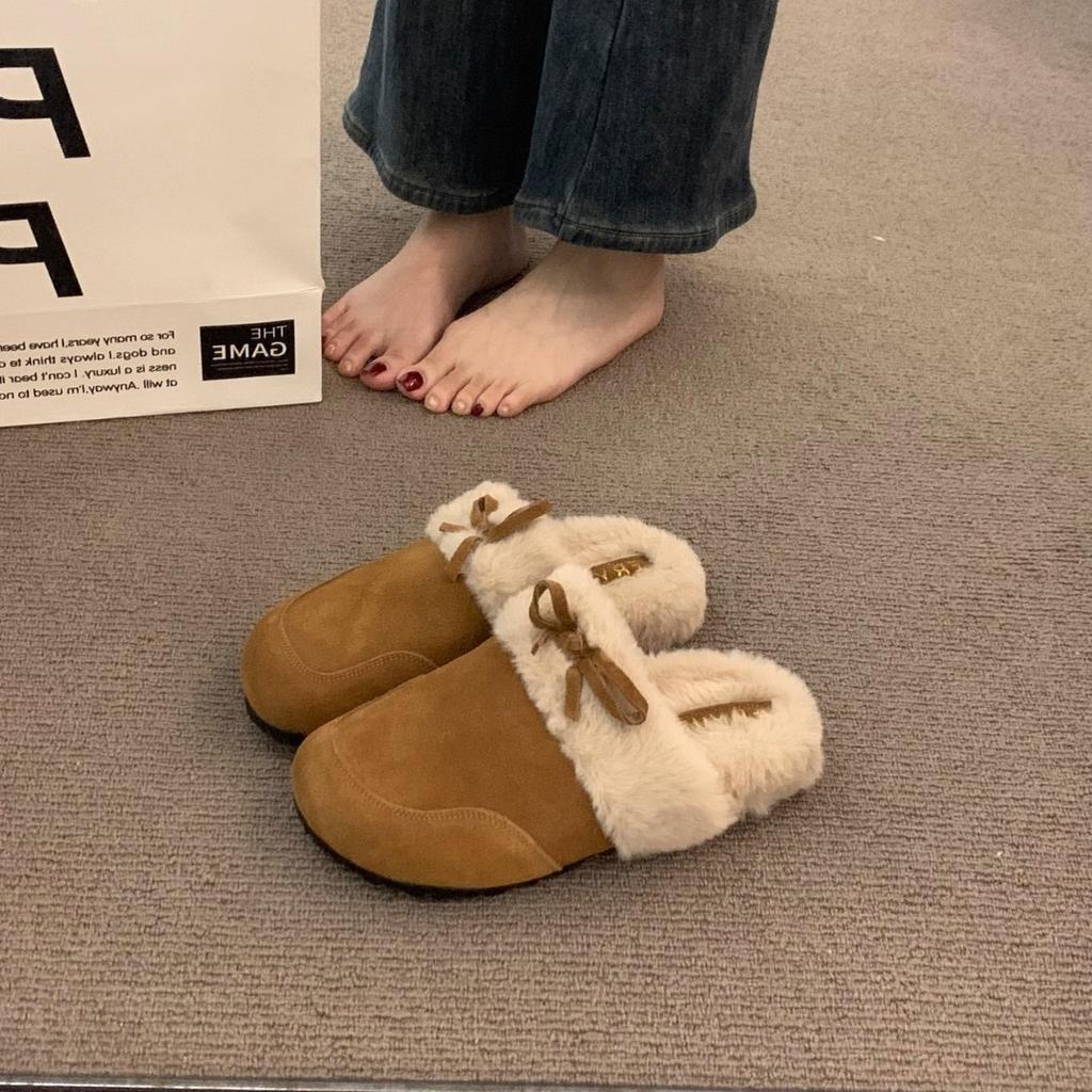 Soft Leather Version~ Frosted and Velvet Bag Head Boken Slippers for Women To Wear Autumn and Winter Muffin Thick-soled Evening Warm Cotton Shoes