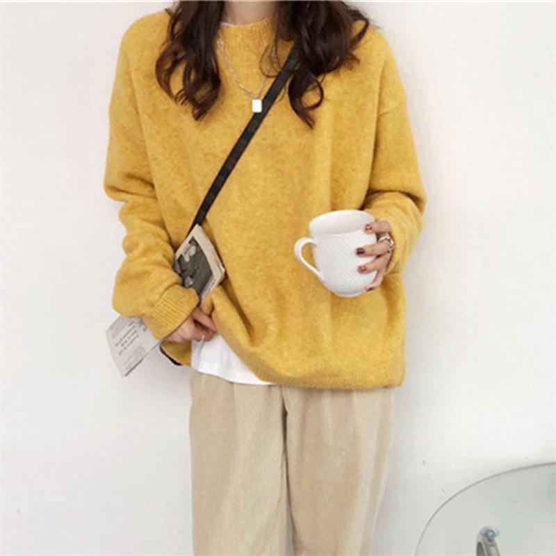 Retro Solid Color Hong Kong Flavor Round Neck Pullover Sweater Women's Autumn and Winter New Wear Loose Simple Knitted Sweater Top