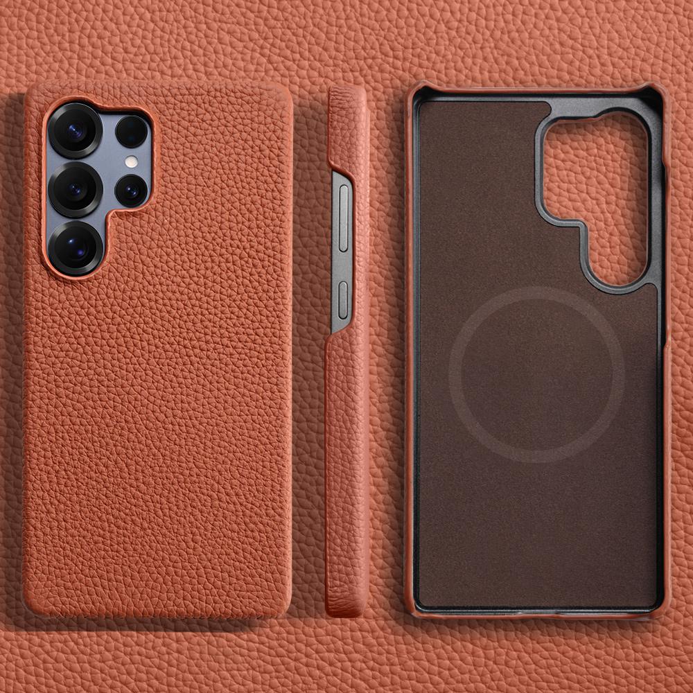 for Magsafe Case for Samsung Galaxy S24 S25 Ultra Plus Natural Cowhide Lychee Leather Magnetic Protector Luxury Phone Back Cover