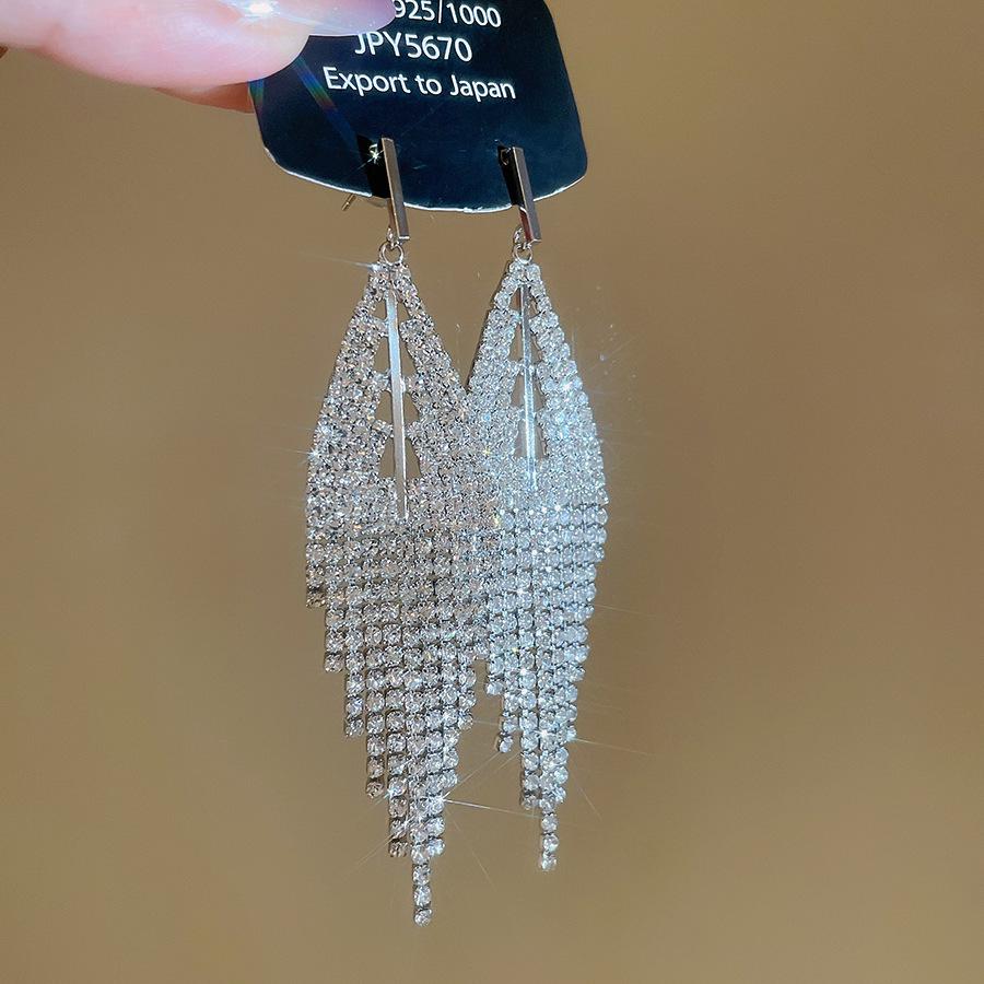 Silver Tassel Diamond-Inlaid Bohemian Long Earrings - Lightweight Luxury Dangles