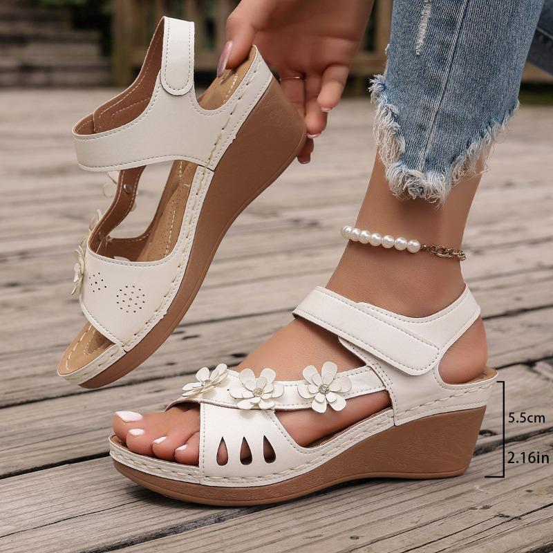 Large size wedge heel sandals women's summer new hollow flower thick sole one-word sandals beach women's sandals