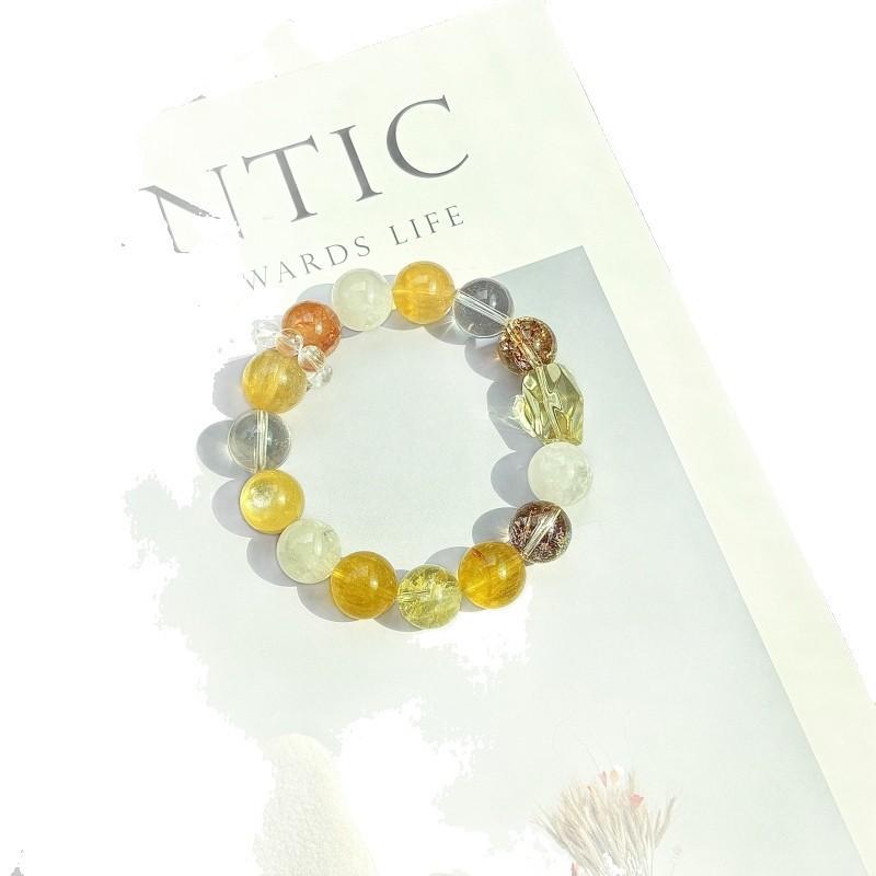 Handmade French Style Bracelet Women With Natural Yellow Fluorite Gold Foil Resin Flower Lemon Quartz Beads 12mm