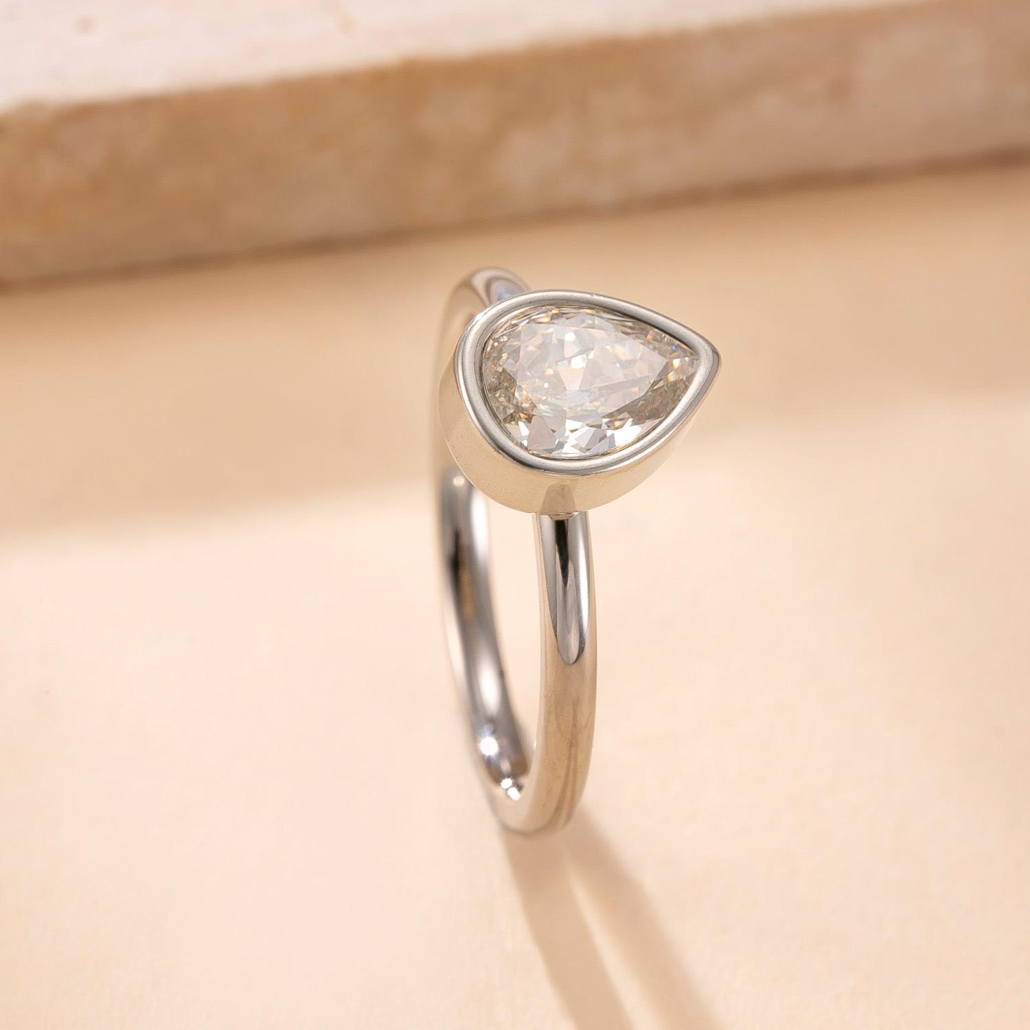 Elegant Stainless Steel & Titanium Rhinestone Inlaid Water Drop Couple Rings. Size 6