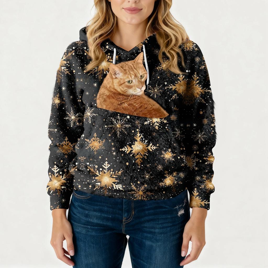 Women's Fashionable Casual Fleece Lined Long Sleeve Pocket Hooded Printed Sweatshirt