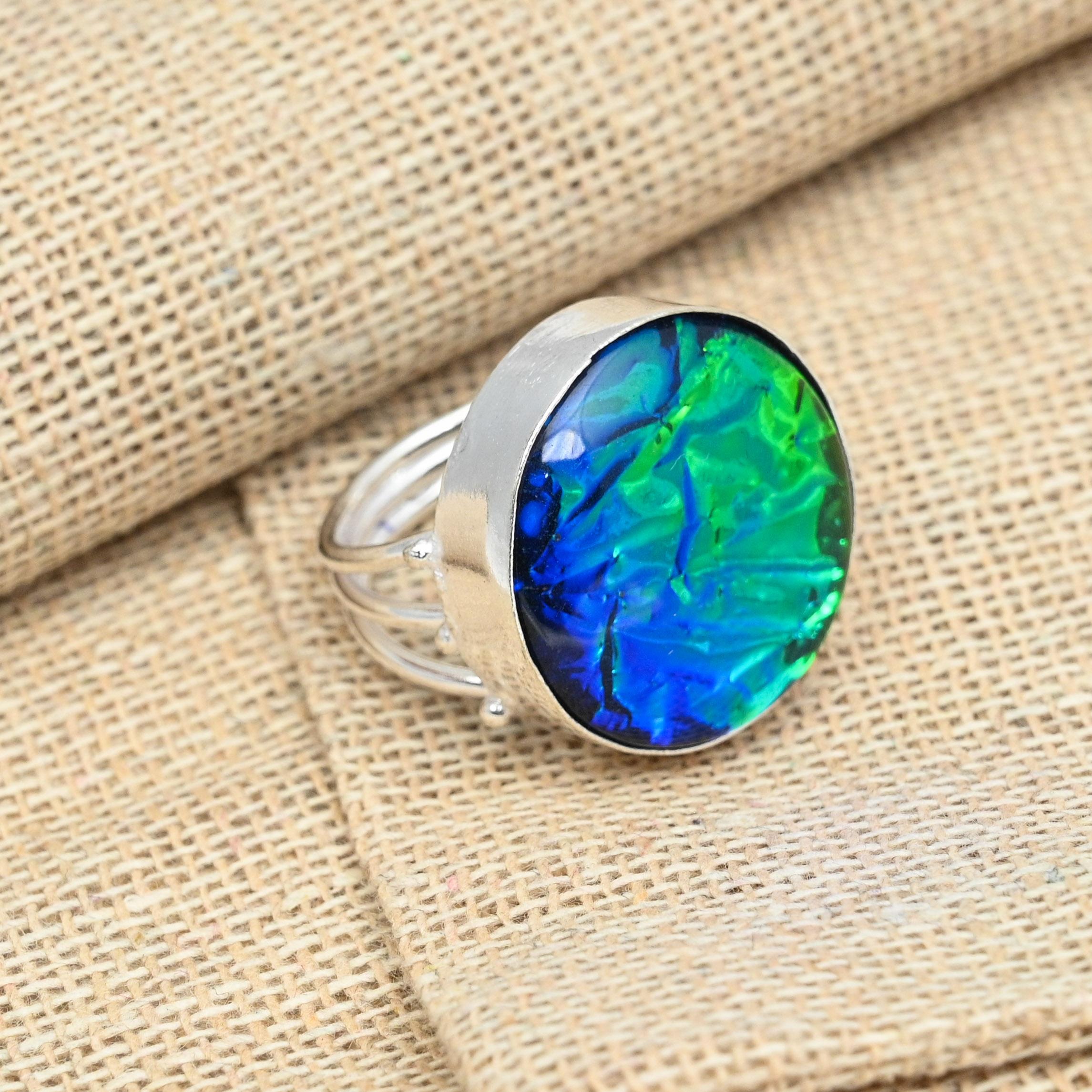 

AAA + Blue Triplet Opal Gemstone Solid 925 Sterling Silver Кольцо ручной работы Ювелирные изделия 8.5 синий