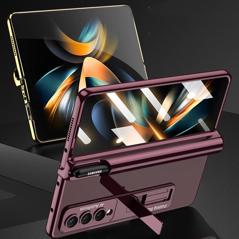 Plating Magnetic Hinge Pen Slot Case For Samsung Galaxy Z Fold 4 Cover Clear Bracket Cover For Z Fold4 5g