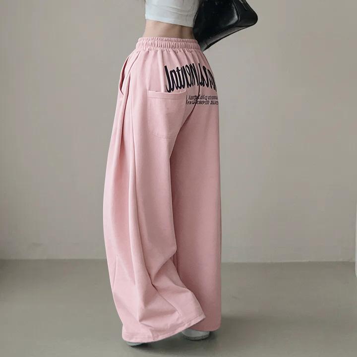 Women's High Waist Baggy Sweatpants Letter Print Wide Leg Casual Trousers