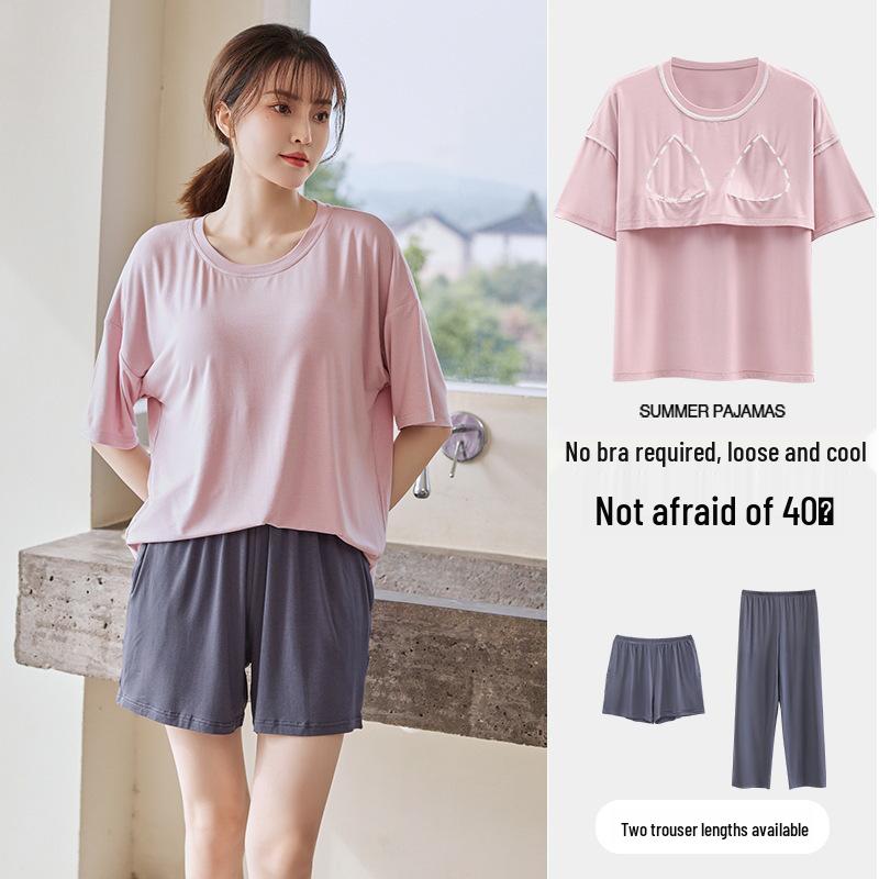 Women's Summer Three-Piece Modal Pajama Set with Bra Pads - Short Sleeve Top, Shorts, and Long Pants for Indoor/Outdoor Wear