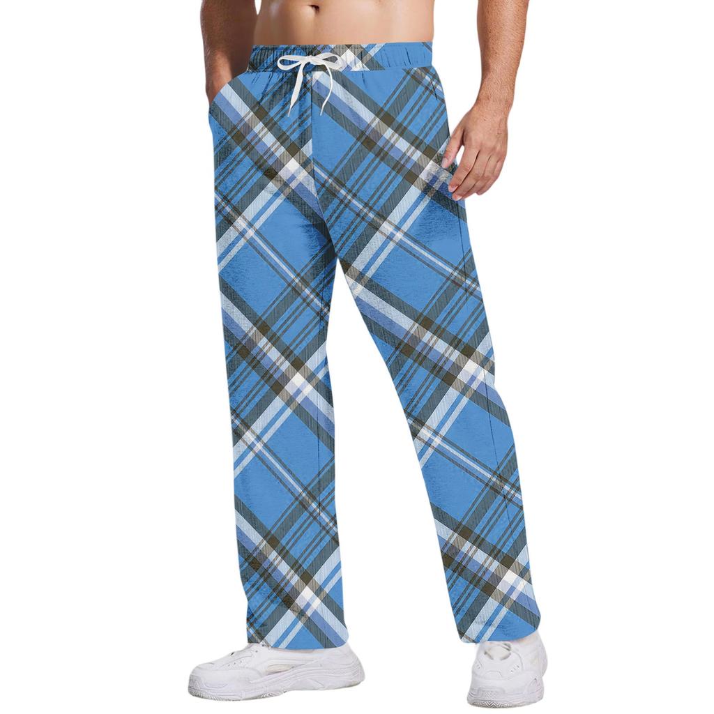 Men's Casual Pants With Pockets | Stripe Checkered Printed, Loose Straight Leg, Elastic Waist With Drawstring For Daily & Casual Wear