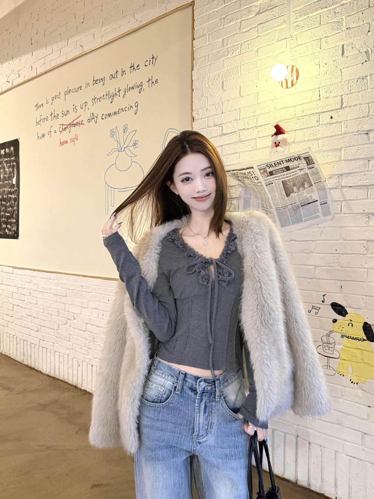 Korean Sweet Lace-Up Trim Long Sleeve Slimming T-Shirt for Women