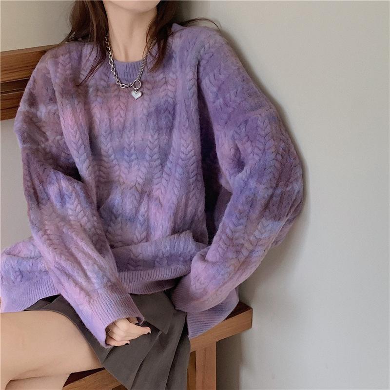 Women's Loose Outer Wear Autumn and Winter Thickened Knitted Jacket Autumn Girlfriend Couple Wear Retro Tie-dye Top