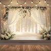 A Fashionable Floral Arch Wedding Background with White Curtains and Gentle Radiance